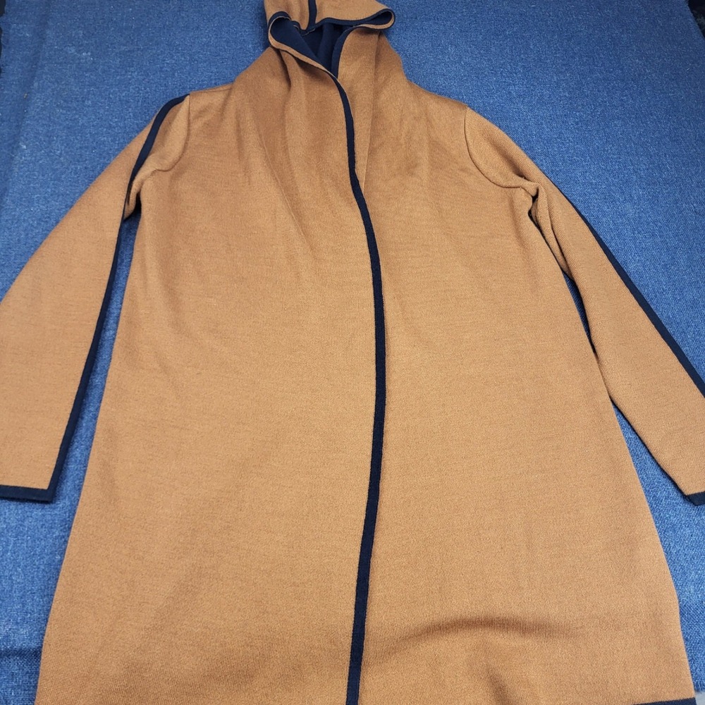 Made in Italy Hooded Longline Cardigan Wool Blend Camel Navy RN 72755